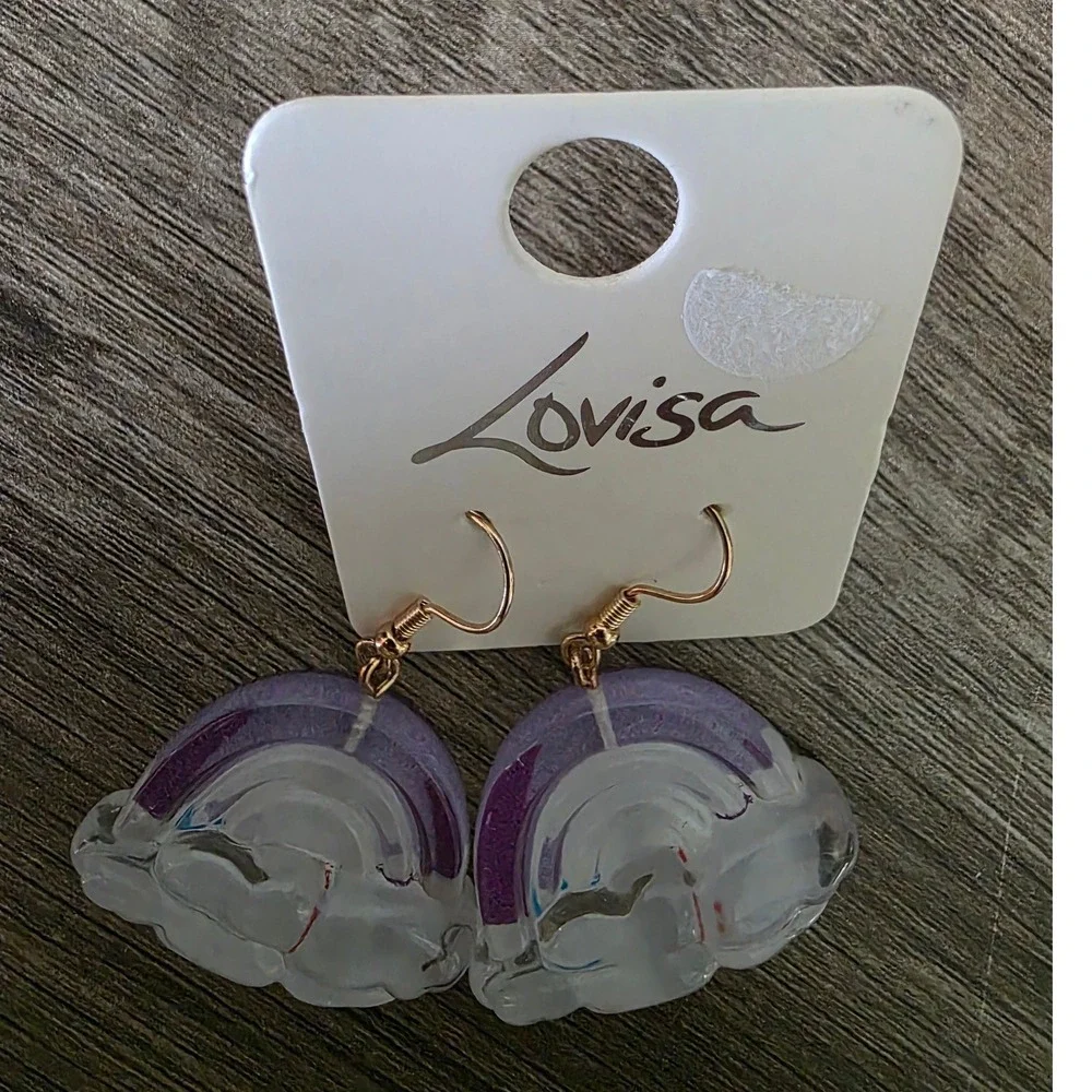 Lovisa Kids Rainbow Cloud Drop Earrings Purple White Gold Tone Resin Whimsical